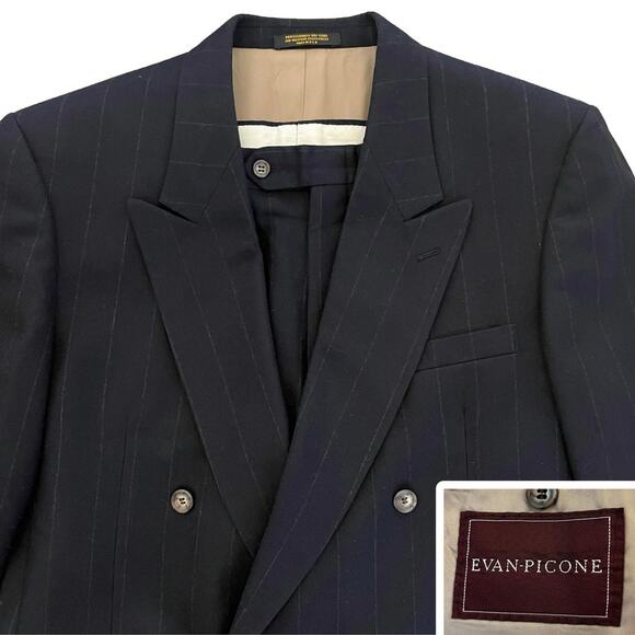 Evan Picone Other - Vintage Evan Picone Suit 41R 34W Wool Double Breasted Navy Chalk Stripe Pleated